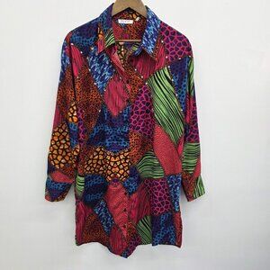 Womens Multicolor Long Sleeve Button Up Shirt Dress Top Large Patchwork Chains